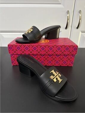 Tory Burch Black Leather Block-Heel Slide with Gold Logo size 7